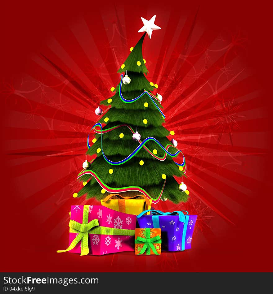 Illustration of Christmas, New Year tree with gifts on red background. Illustration of Christmas, New Year tree with gifts on red background.