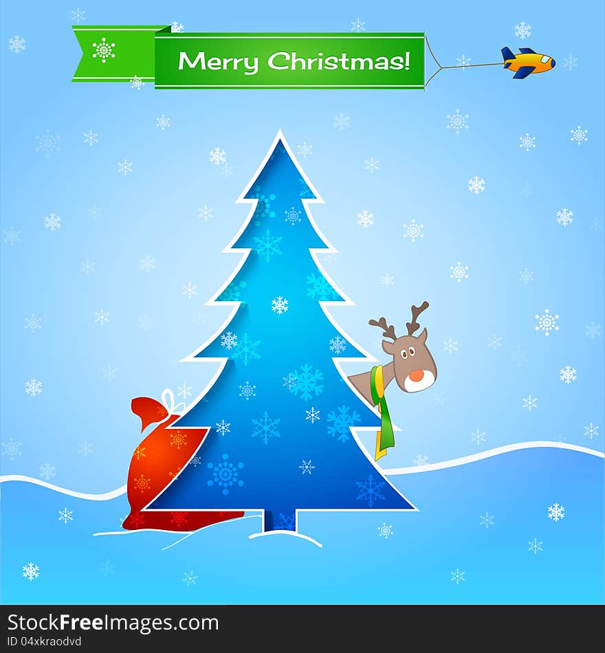 Vector blue christmas card, tree, funny deer and gifts