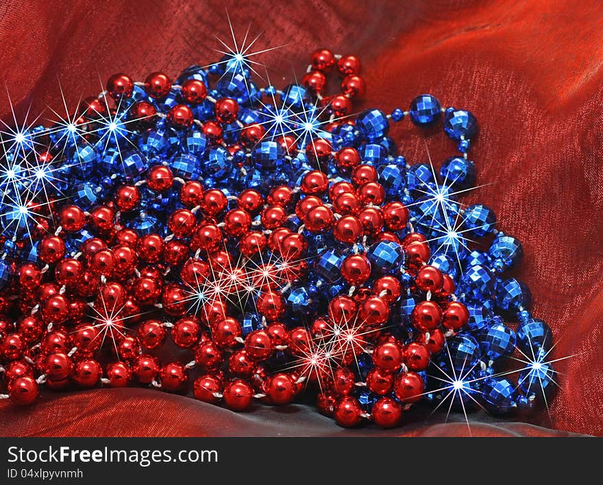 Blue and Red Christmas decorative beads on silk Christmas Red