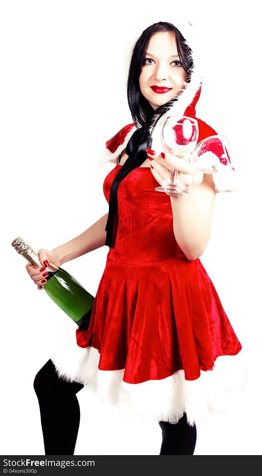 Girl with champagne and glasses in Christmas isolated