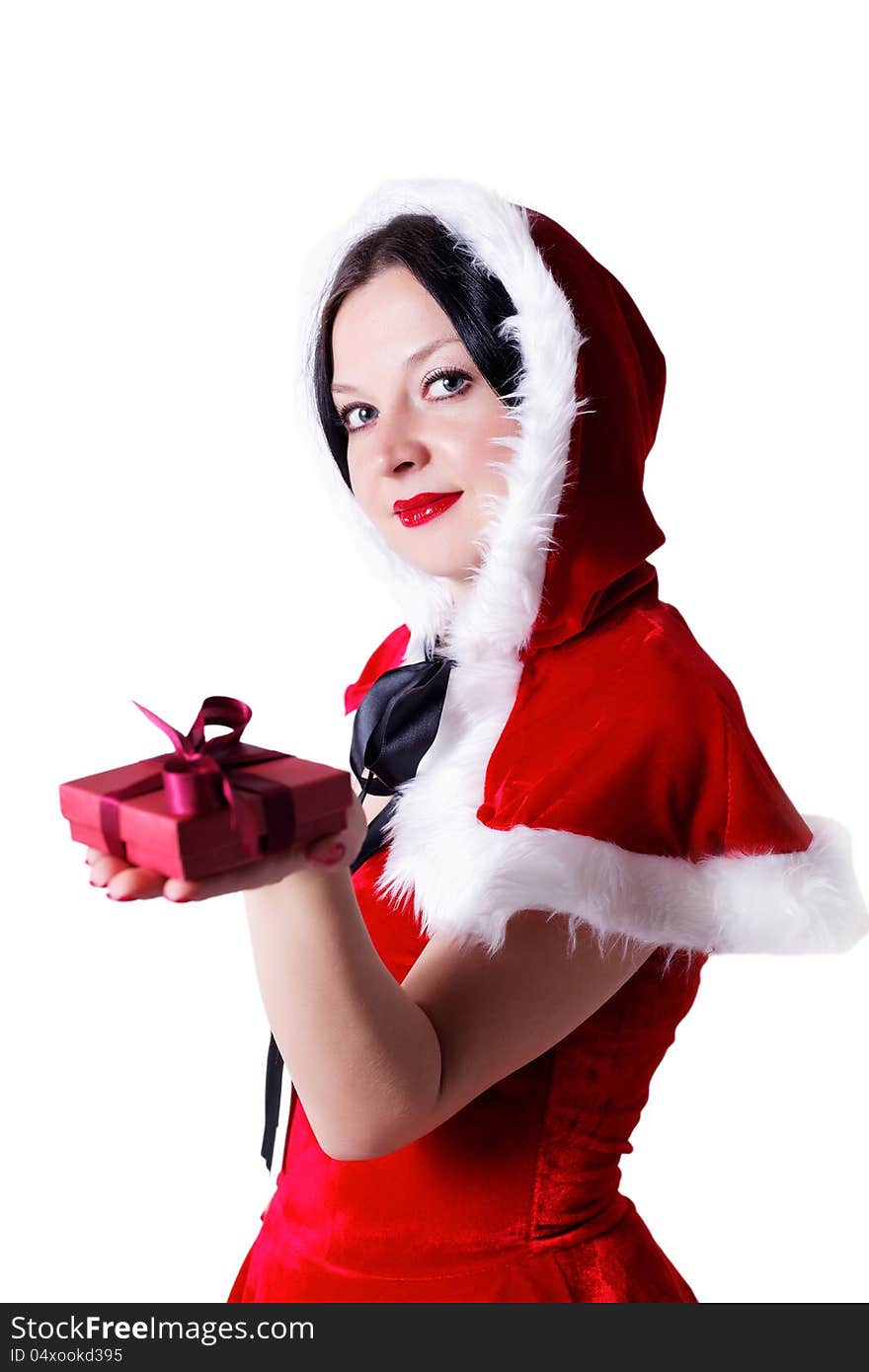 Brunette girl with a gift for Christmas