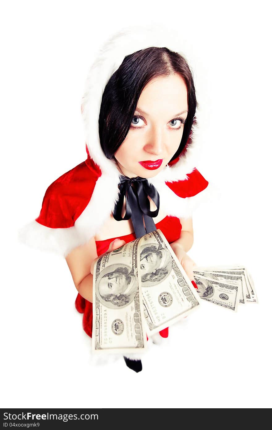 Girl dressed as Santa with money