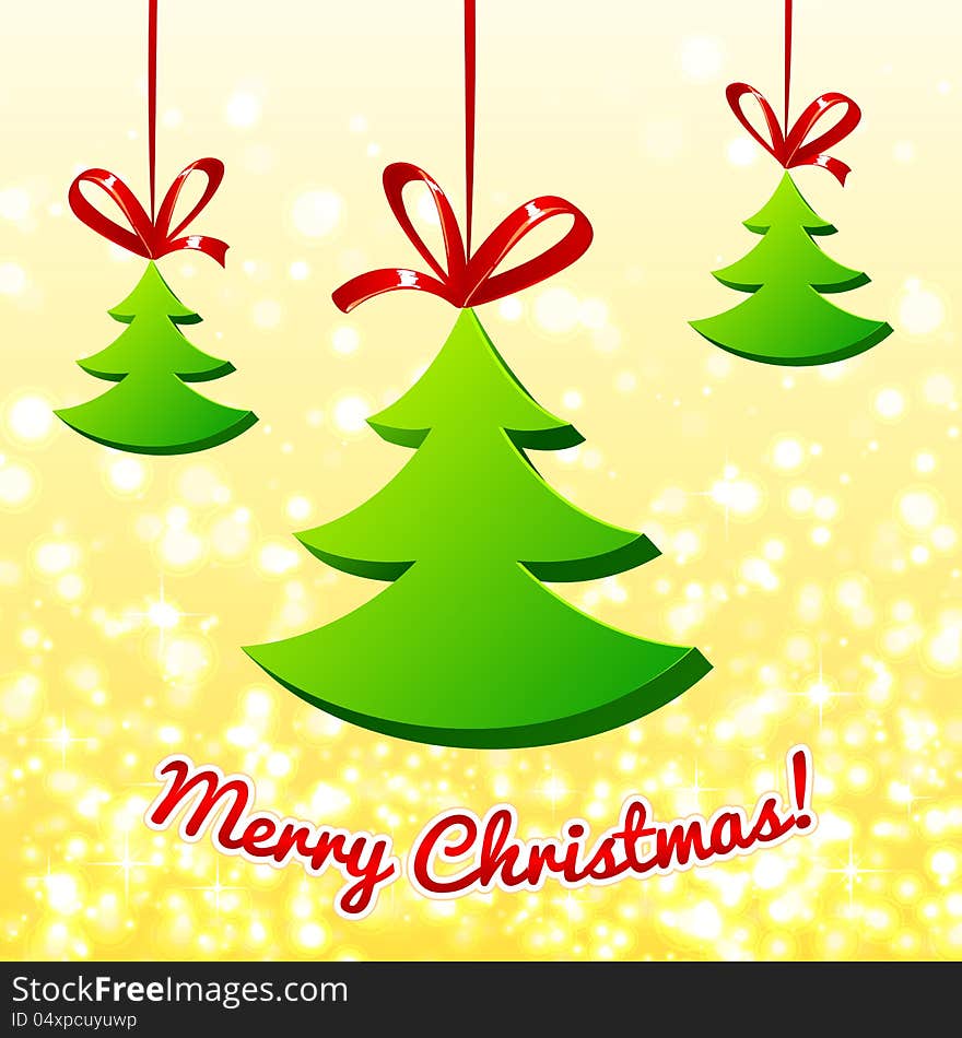 Green Christmas trees with red ribbons on lights background. Green Christmas trees with red ribbons on lights background