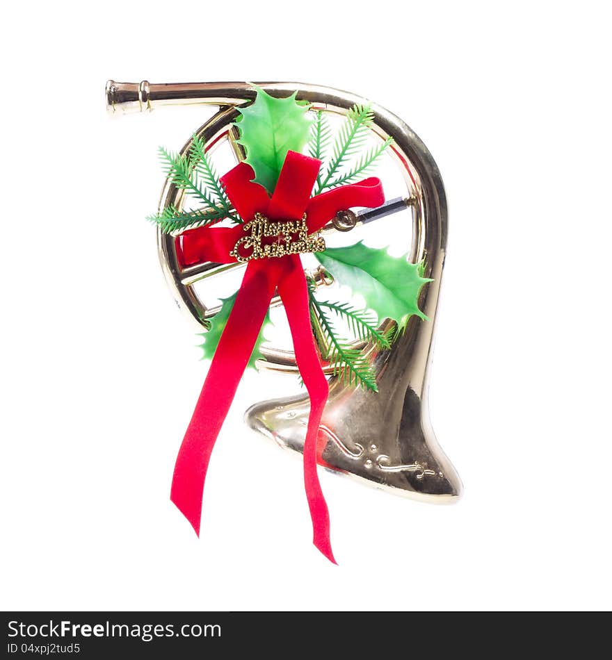 Red christmas isolated ribbon with trumpet. Red christmas isolated ribbon with trumpet