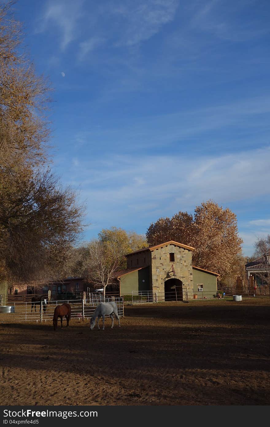 This a prototypical farm scene: pastoral with a barn, horses grazing, a blue sky, and a day-time moon. This a prototypical farm scene: pastoral with a barn, horses grazing, a blue sky, and a day-time moon.