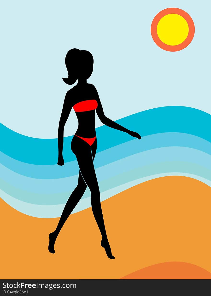 The girl in a rad swimming suit is walking along a beach. The girl in a rad swimming suit is walking along a beach