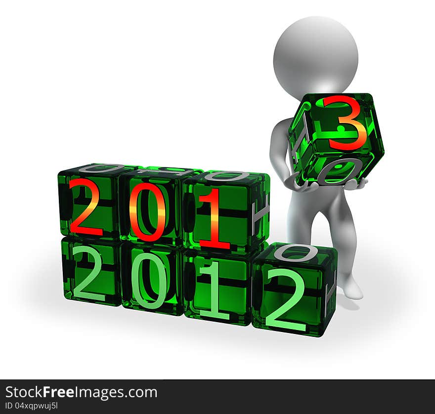 2013 new year text is being built by abstract character moving bright green cubes with digits. 2013 new year text is being built by abstract character moving bright green cubes with digits