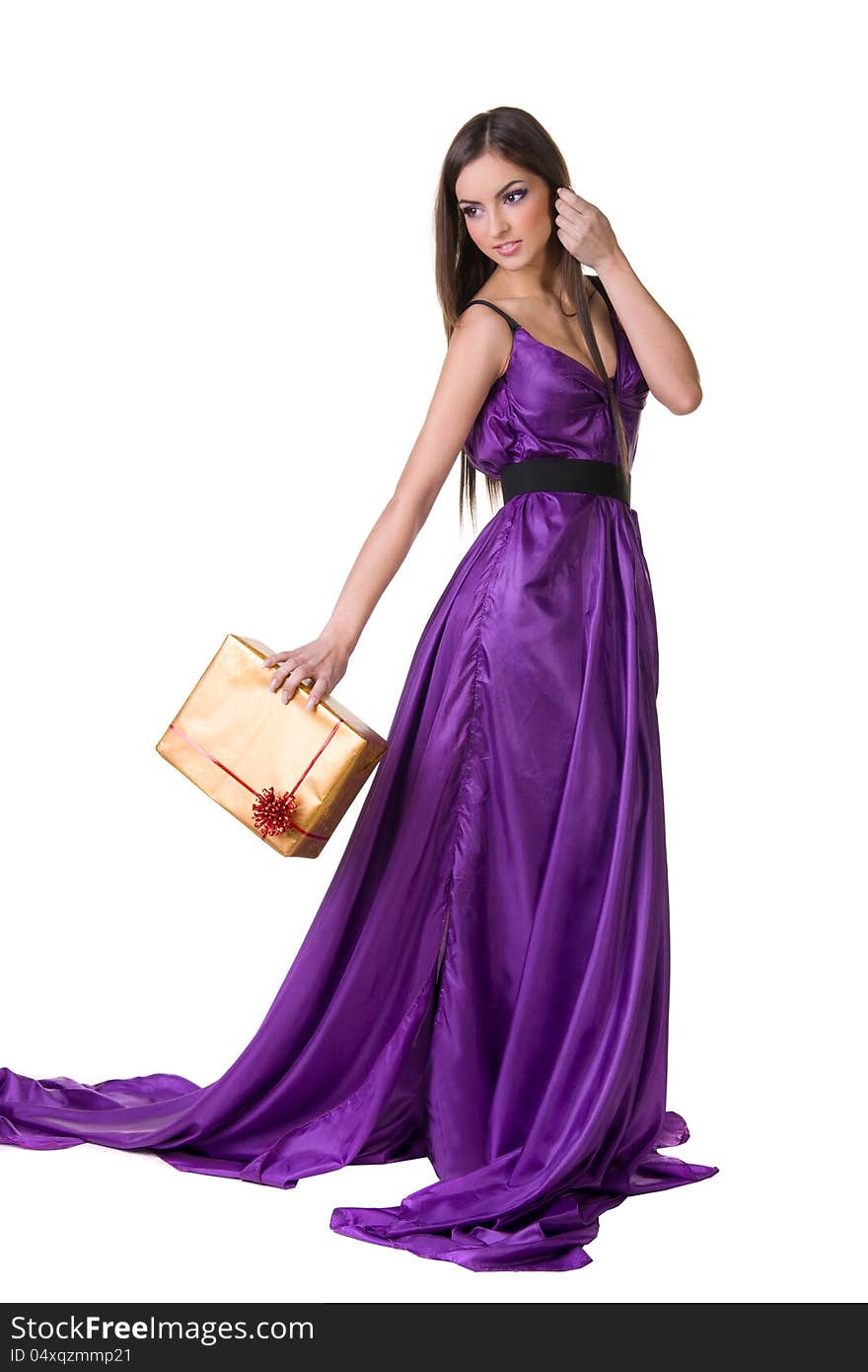 Girl In Violet Dress, Holding Gift Box