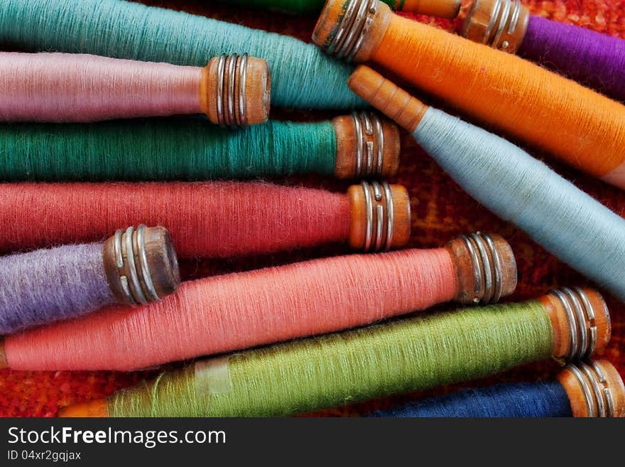 Closeup of vintage cotton sewing spools