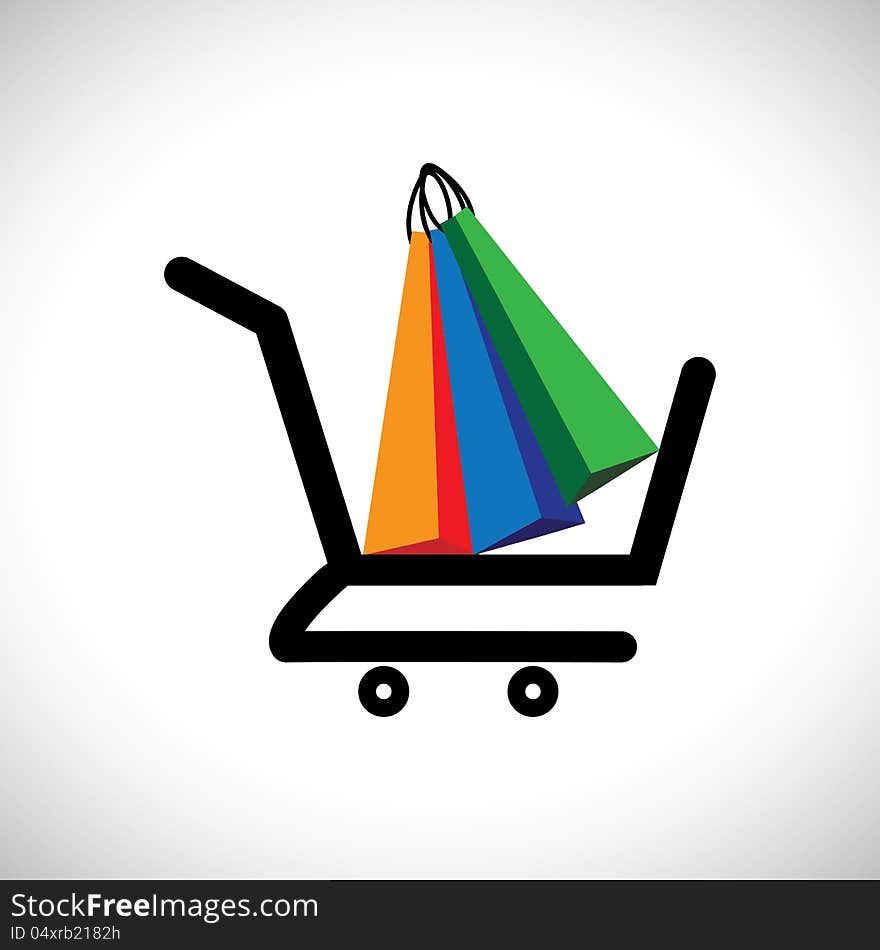 Concept illustration - online shopping cart & bags. The graphic contains a shopping cart symbol with colorful shopping bags representing conceptually purchasing online and e-commerce