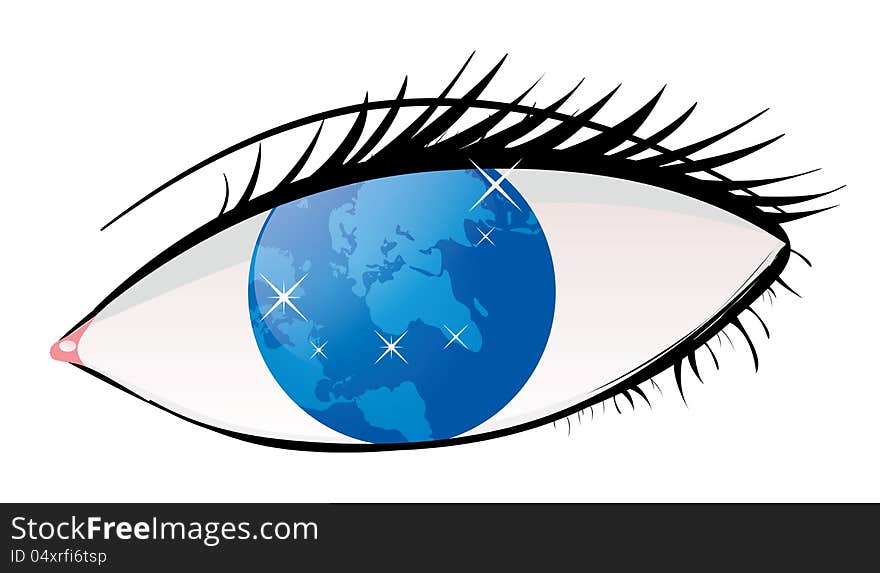 Illustration of human eye with world as iris on white background. Illustration of human eye with world as iris on white background.