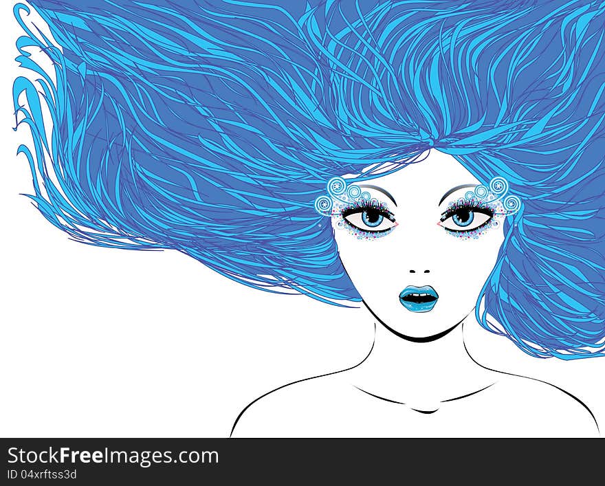 Illustration of abstract winter girl with blue hair.