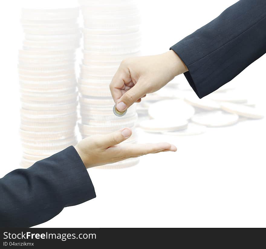 Businessman hand giving a coin for investment to another person on white background. Businessman hand giving a coin for investment to another person on white background.