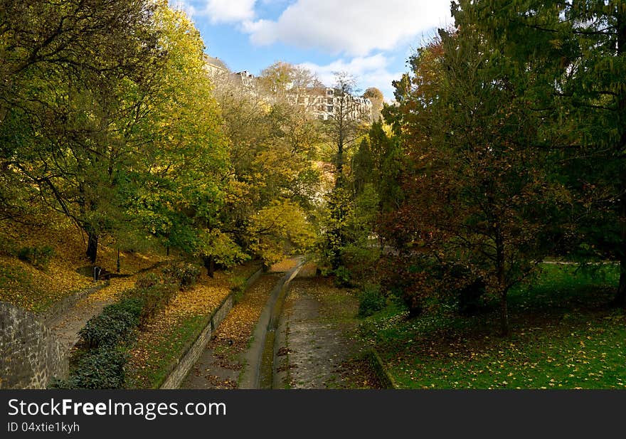 Luxembourg gorge park, leaf fall at autumn