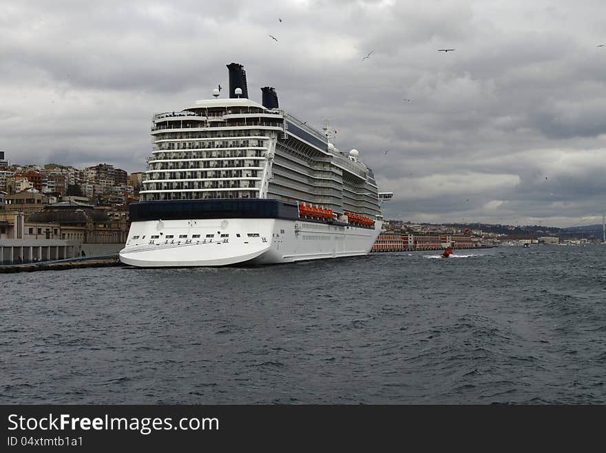 A large cruise ship at the port of Istanbul