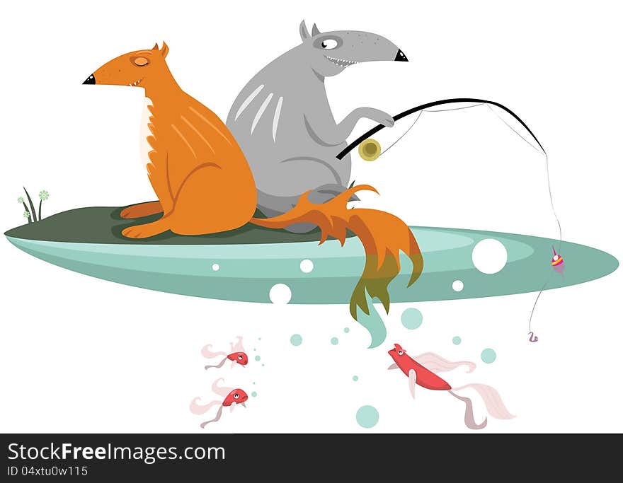 Fox and Wolf are fishing. The Wolf uses the hook, and the Fox uses her tail. Who will catch more?