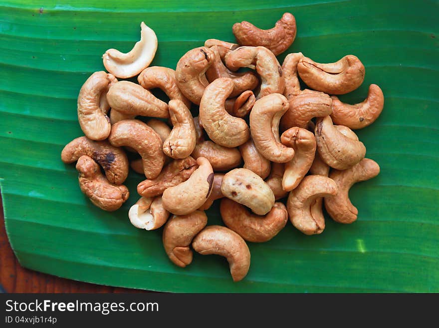 Cashew nuts on banana leaf