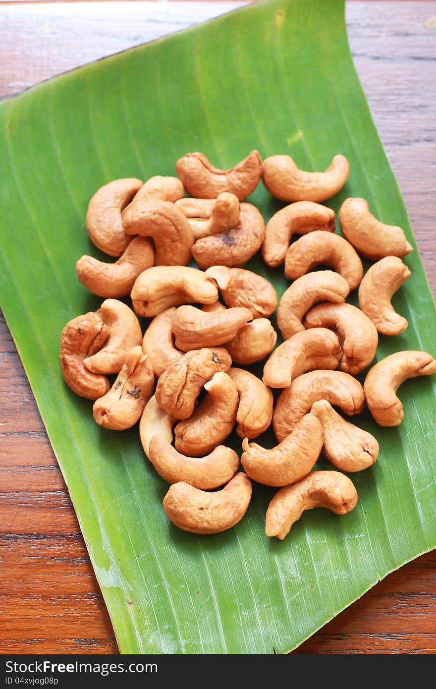 Cashew nuts on banana leaf