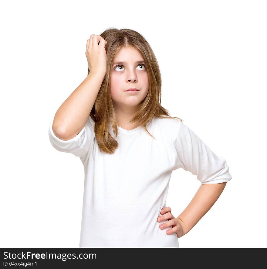 Cute little girl thinking isolated on white background. Cute little girl thinking isolated on white background