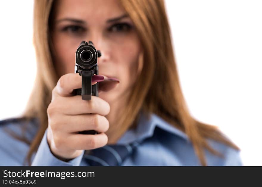 Lady cop posing with gun on white background