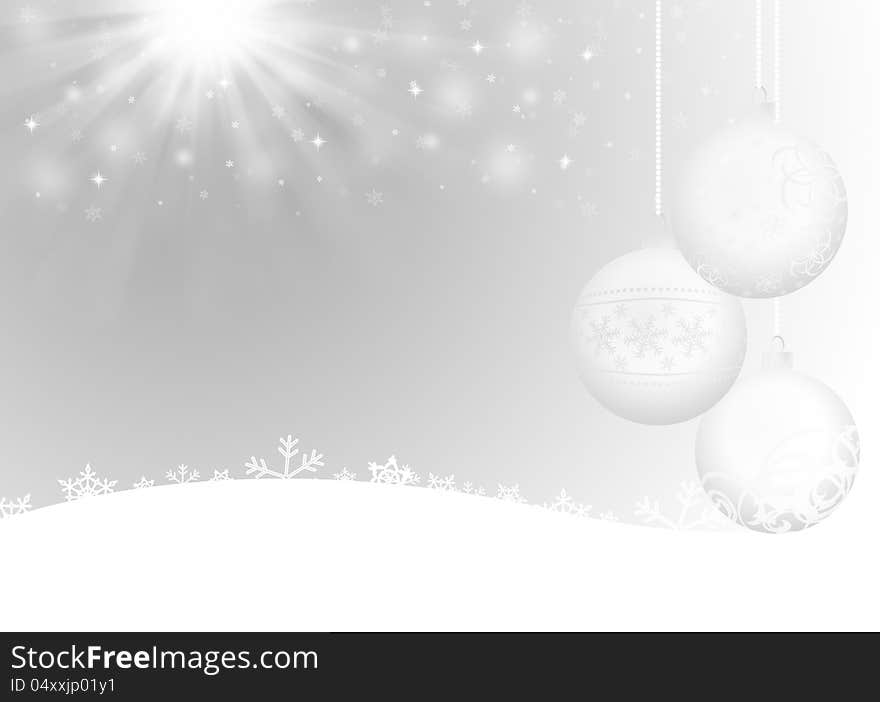 Christmas card with balls and rays of light. Christmas card with balls and rays of light.