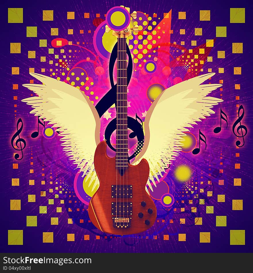 Illustration of abstract musical background and guitar with wings. Illustration of abstract musical background and guitar with wings.