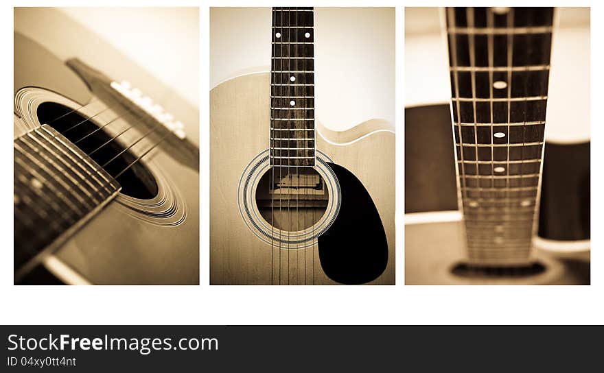 Acoustic guitar close up , shallow depth of field vintage style photo . Acoustic guitar close up , shallow depth of field vintage style photo .