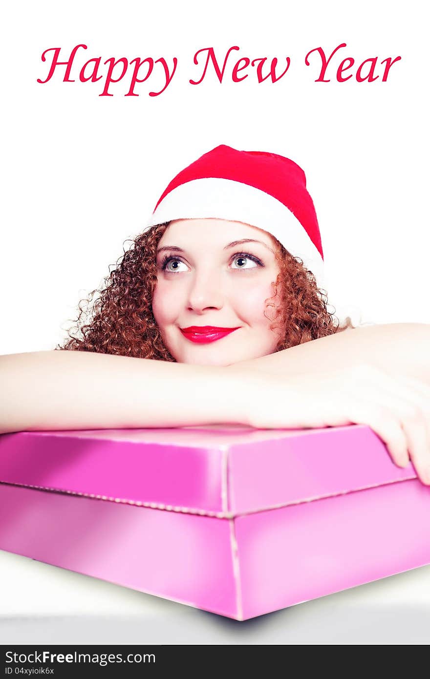 Portrait Of Curly Girl As Santa With A Gift