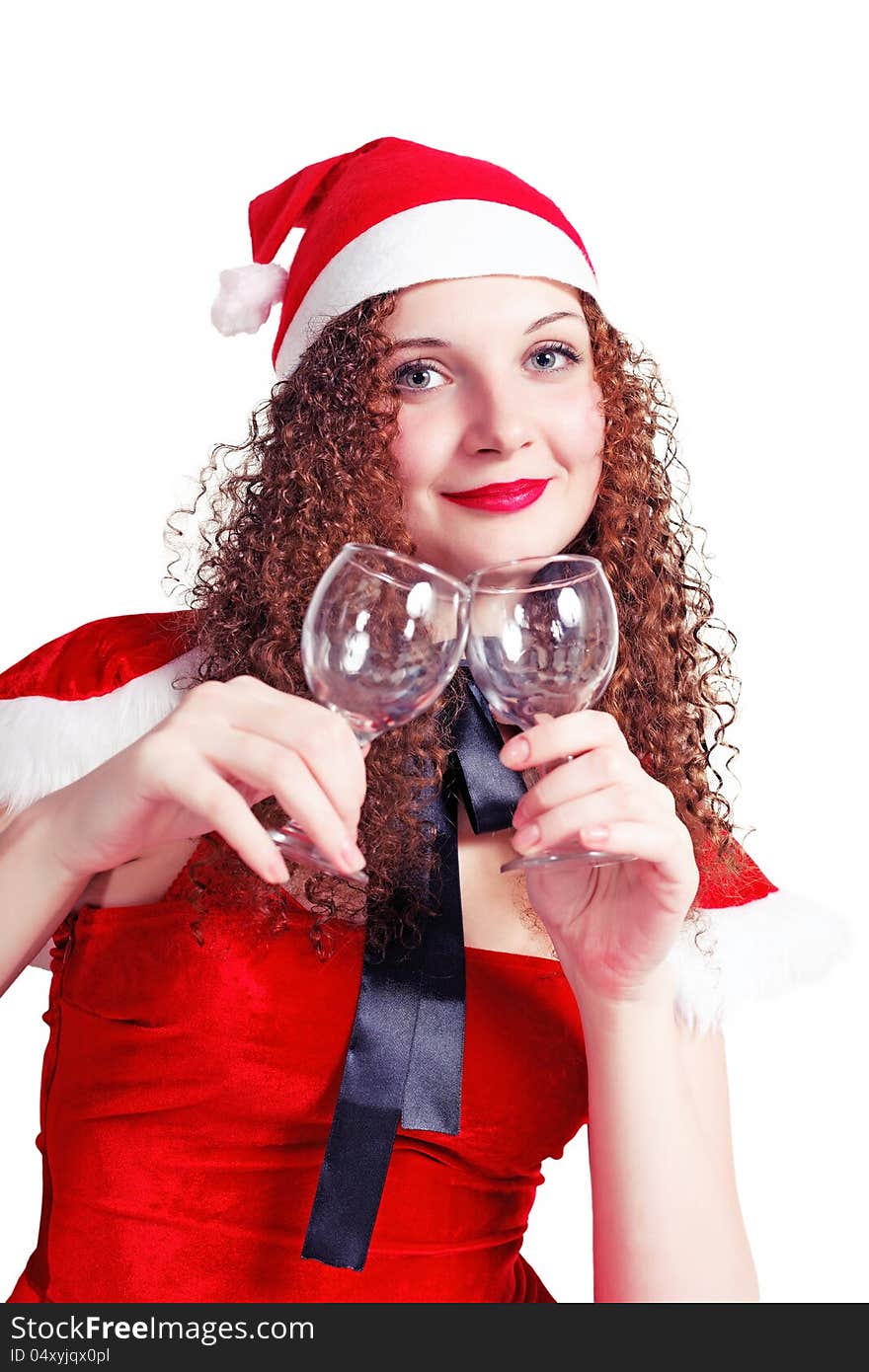 Pretty curly girl as Santa with glasses isolated