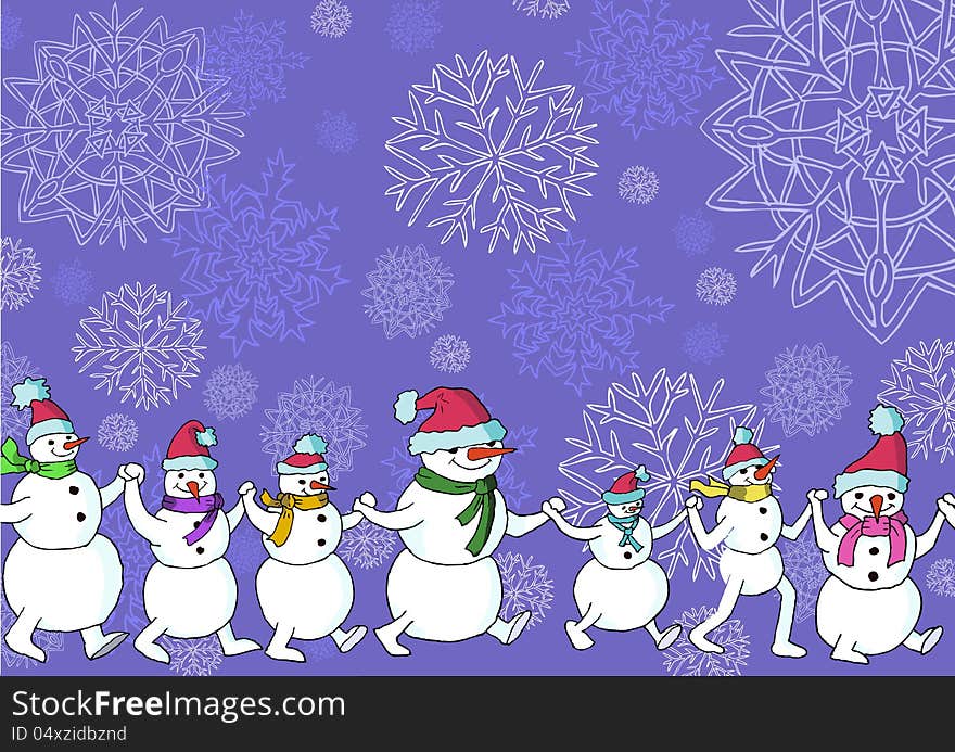 Colorful merry snowmen walking in the round dance on the lilac background with snowflakes. Colorful merry snowmen walking in the round dance on the lilac background with snowflakes