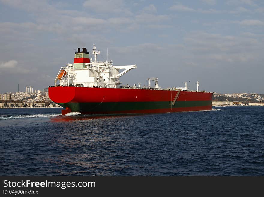 At a passing tanker ship from the Bosphorus