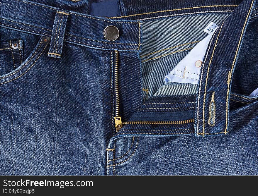 Close up photo  front of blue jeans ,unzipped men blue jeans
