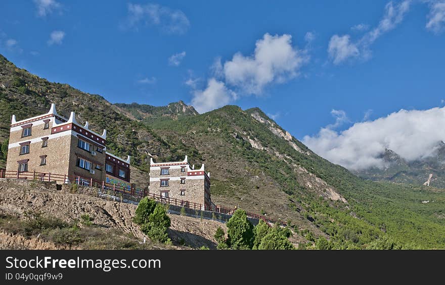 Tibetan folk houses on a hill