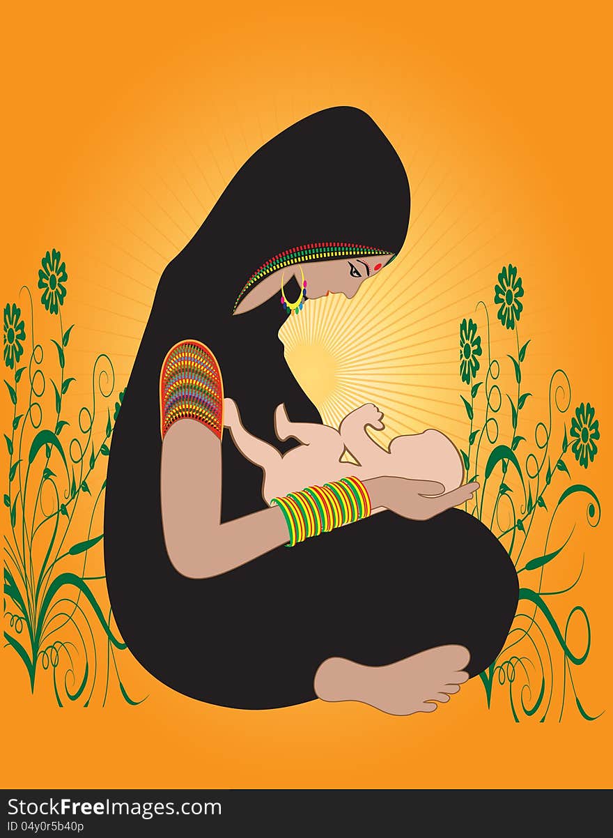 Illustration of an Indian Hindu Mother with kid