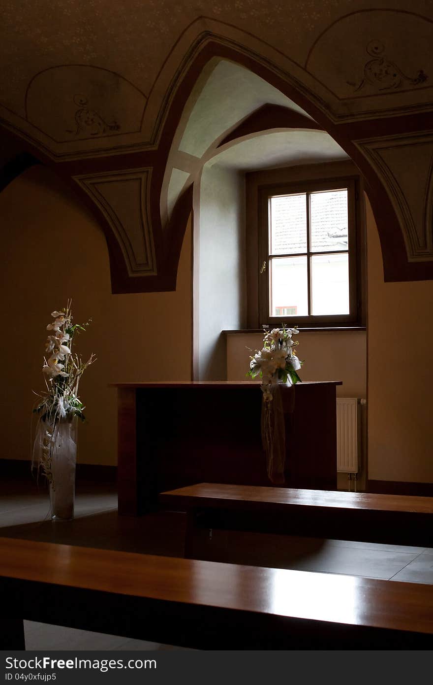 Classic style decorated Wedding Hall illuminated by natural light. Classic style decorated Wedding Hall illuminated by natural light