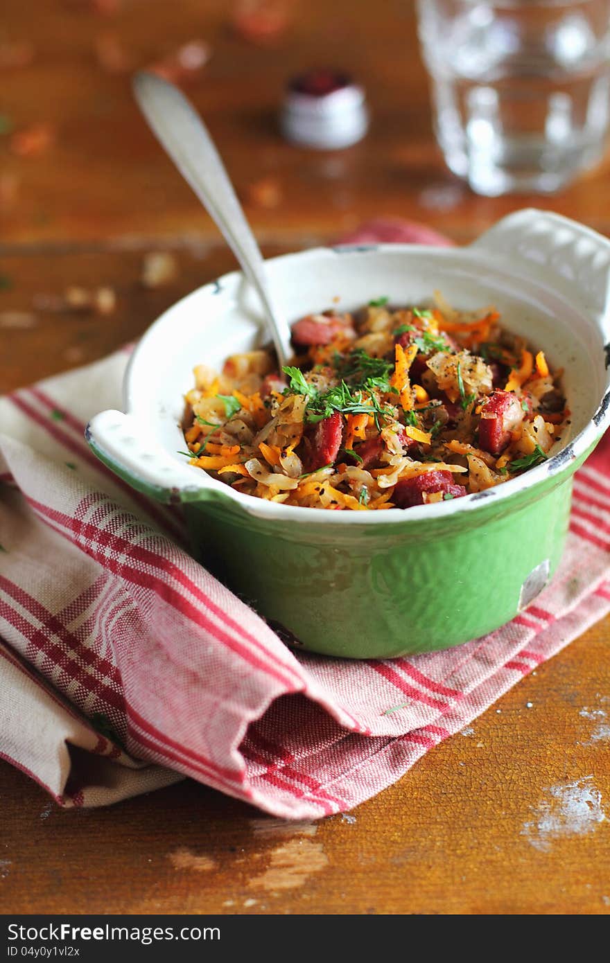 Stewed Cabbage With Sausages And Lentil