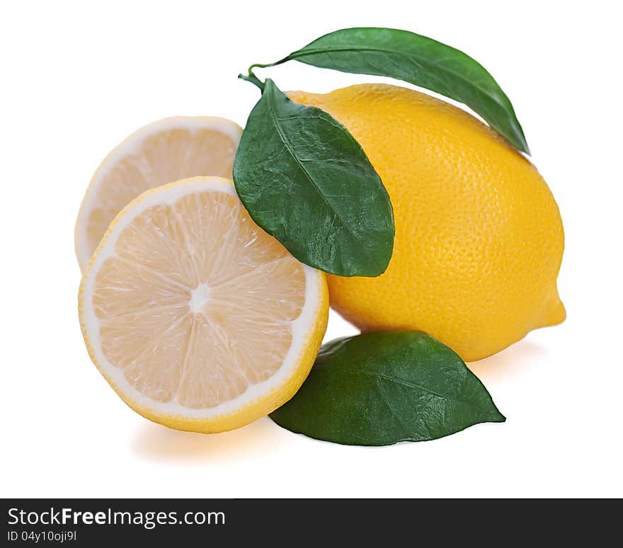 Fresh lemon citrus with cut and green leaves on white background