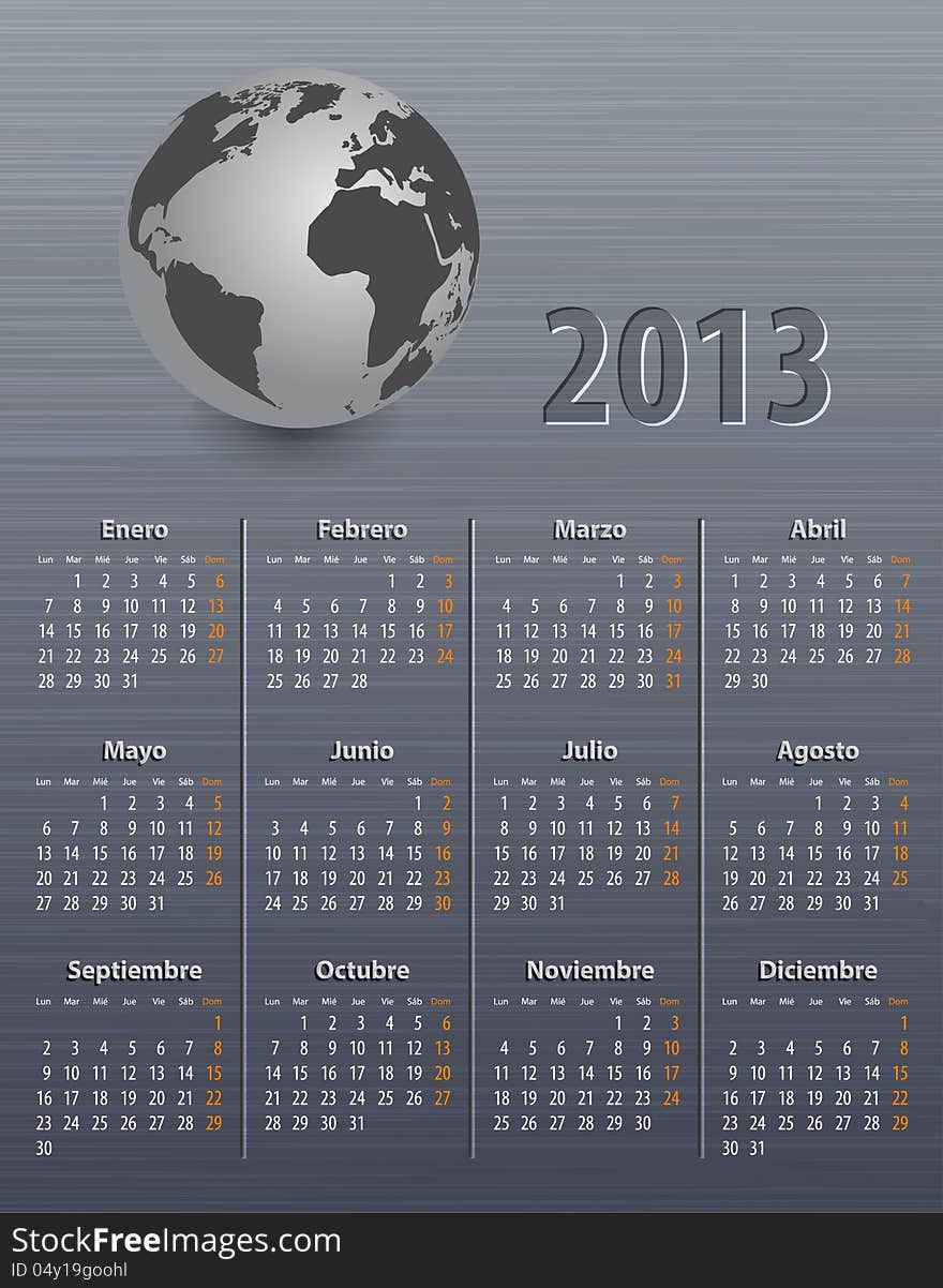 Calendar for 2013 in Spanish with globe