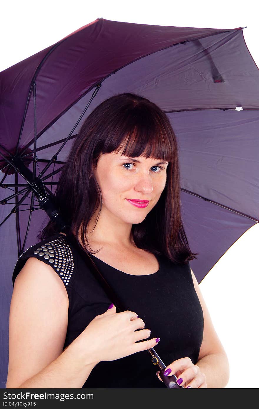 A beautiful girl with umbrella isolated on white background