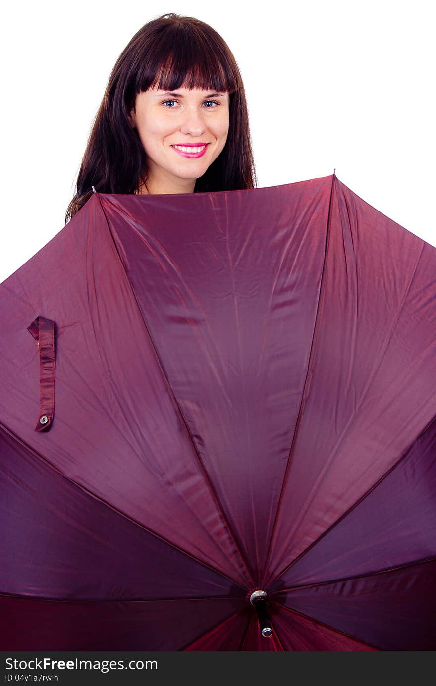 A beautiful girl with umbrella isolated on white background