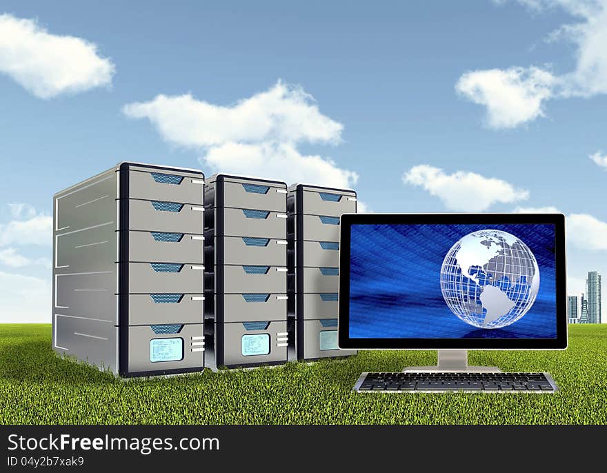 Computer Server on green grassland. A symbol of environmental friendly or green technology. Computer Server on green grassland. A symbol of environmental friendly or green technology