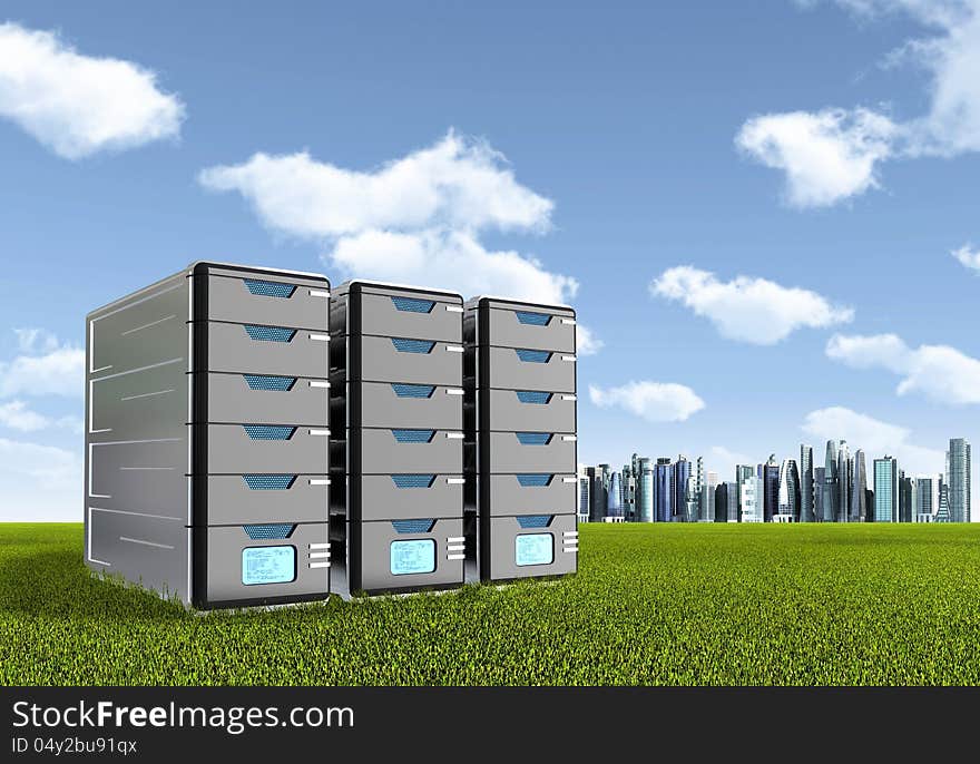 Computer Server on green grassland. A symbol of environmental friendly or green technology with modern city background. Computer Server on green grassland. A symbol of environmental friendly or green technology with modern city background