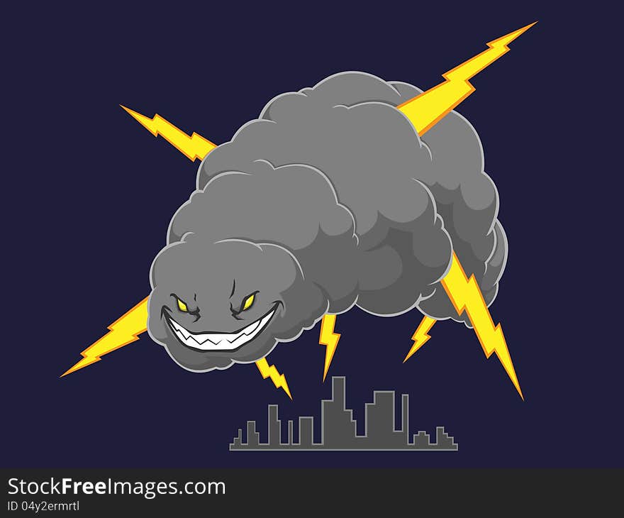 A vector of an evil cartoon storm cloud emitting lightnings over a city. This vector is inspired from the Irene storm that attacked New York not long ago. Available as a Vector in EPS8 format that can be scaled to any size without loss of quality. The graphics elements are all can easily be moved or edited individually. A vector of an evil cartoon storm cloud emitting lightnings over a city. This vector is inspired from the Irene storm that attacked New York not long ago. Available as a Vector in EPS8 format that can be scaled to any size without loss of quality. The graphics elements are all can easily be moved or edited individually.