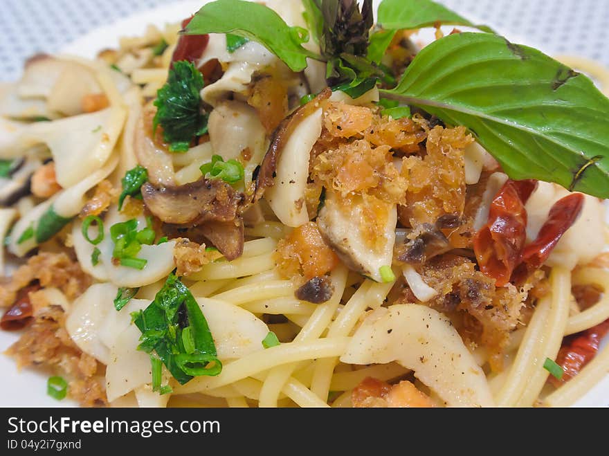 Asian style crisp fish spaghetti