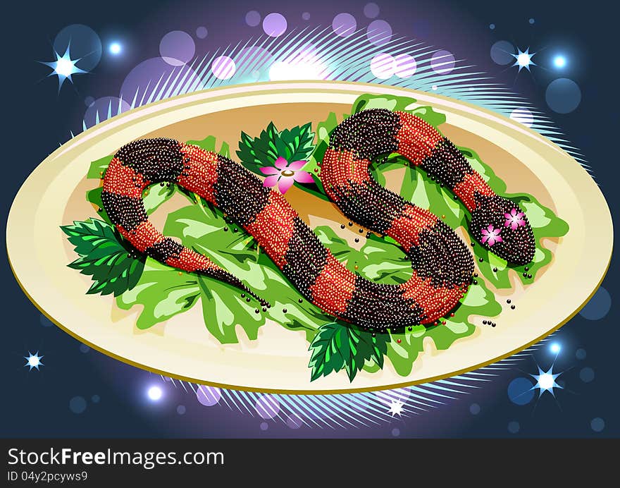 The snake made of caviar with lettuce on a plate against dark blue background. The snake made of caviar with lettuce on a plate against dark blue background