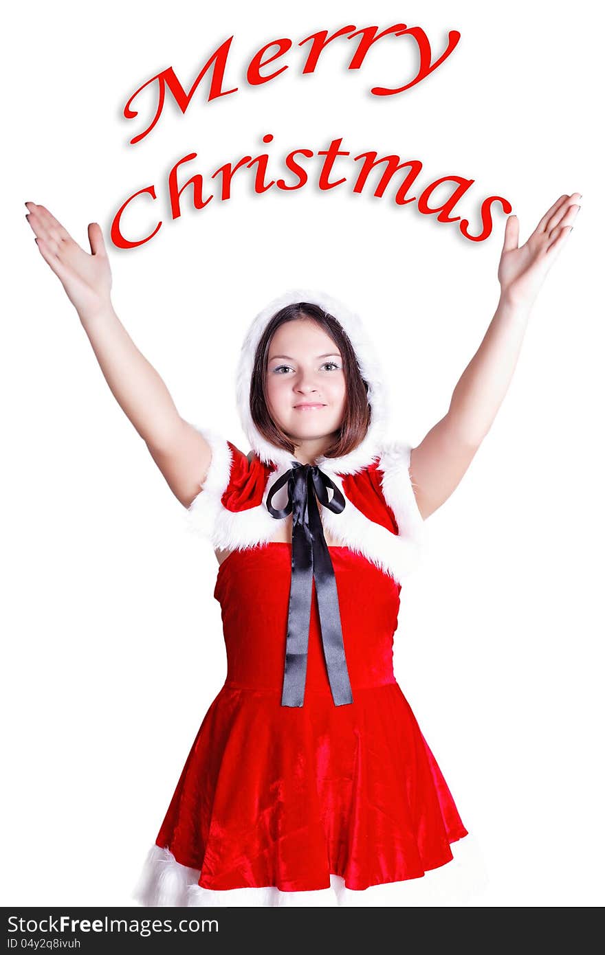 Pretty girl wishes a Merry Christmas isolated on white background