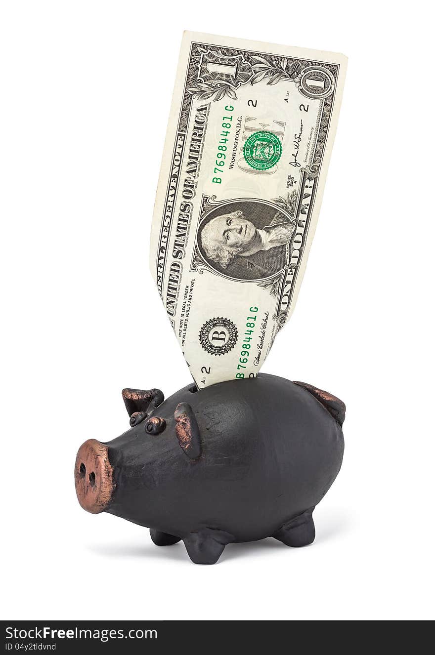 One dollar and black piggy bank isolated on white background. One dollar and black piggy bank isolated on white background