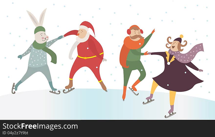 Cute friends dancing on ice in winter.Digital illustration.