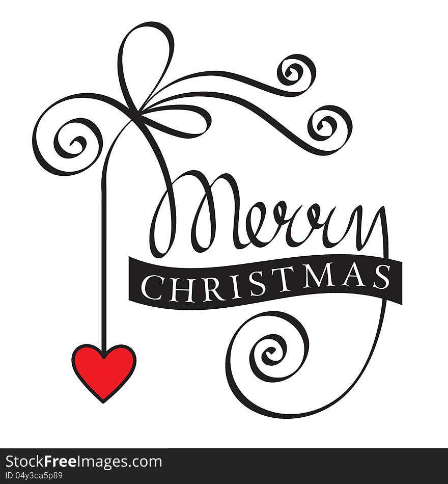 Merry christmas hand lettering with robbon and heart toy