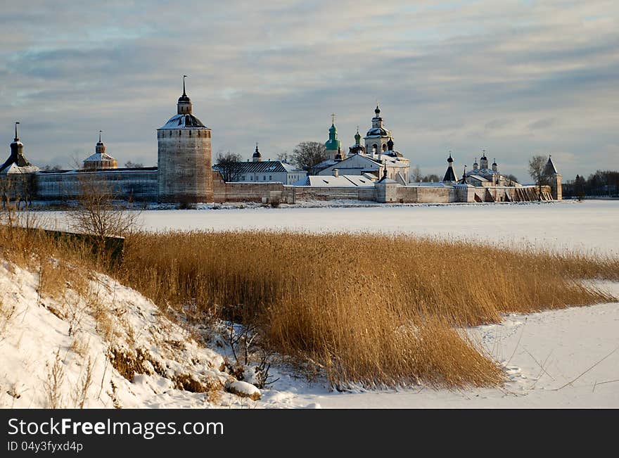 View of the monastery from the ice of Siverskoye lake. View of the monastery from the ice of Siverskoye lake